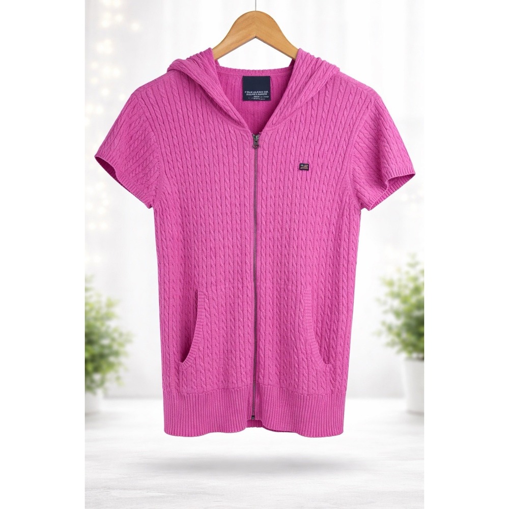 Ralph Lauren Polo Jeans Co Polo Flag Embroidery Pink Cable Knit Sweater Hood Zip